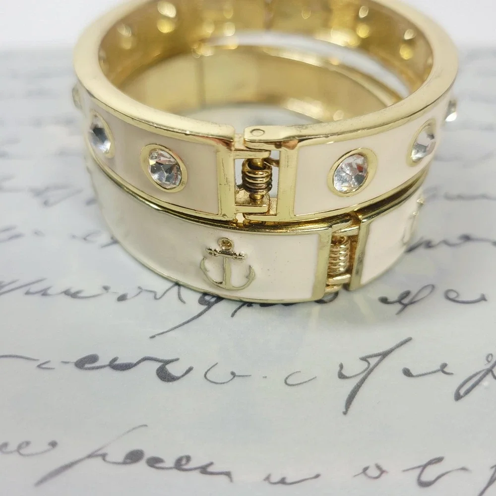 90s Cream Enamel Clamper Bangle Set Nautical Stackable Eternity Rhinestones
